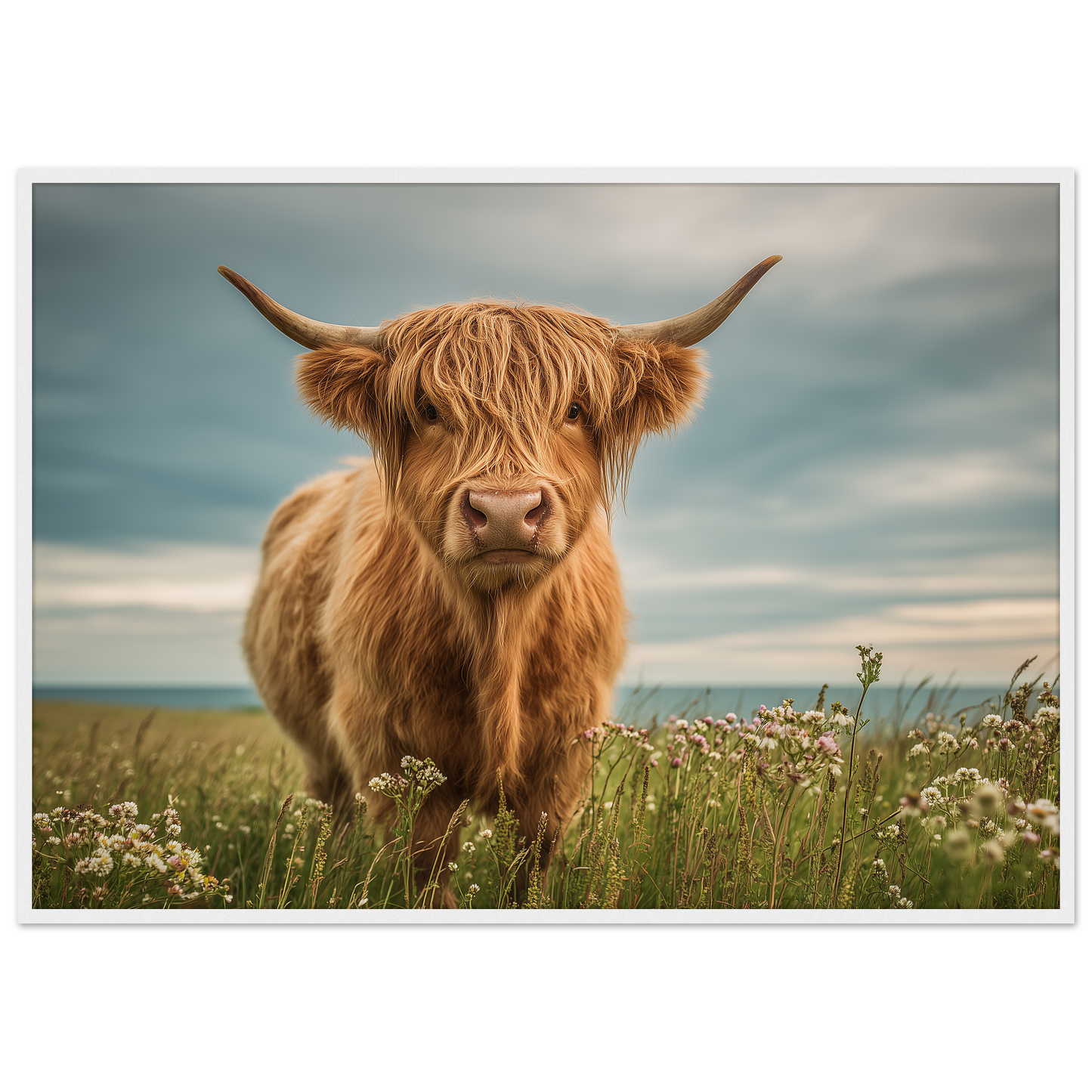 Highland cow on flowering machair, print in a white frame
