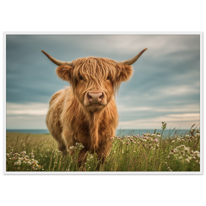 Highland cow on flowering machair, print in a white frame