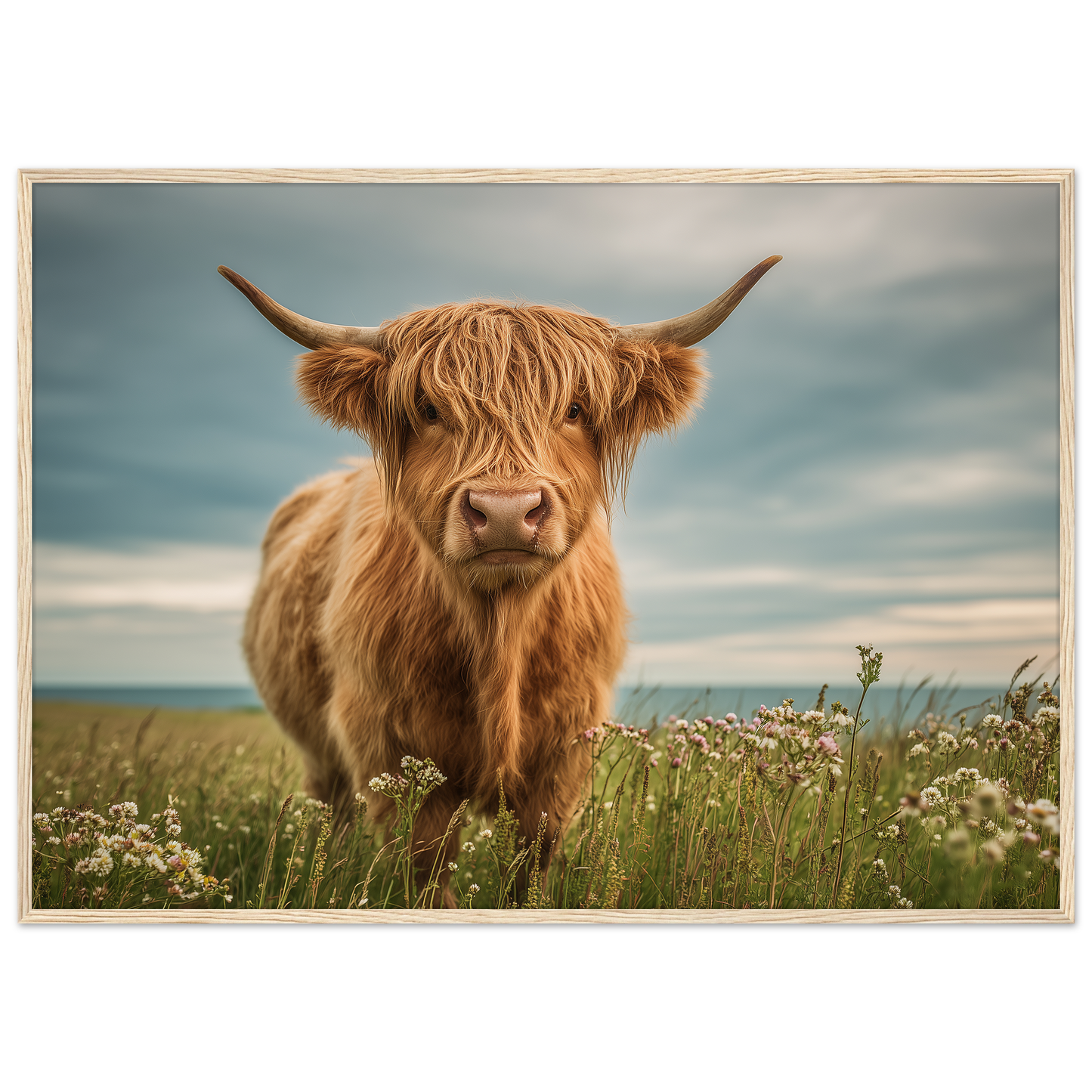 Highland cow on flowering machair, print in a natural light wood frame