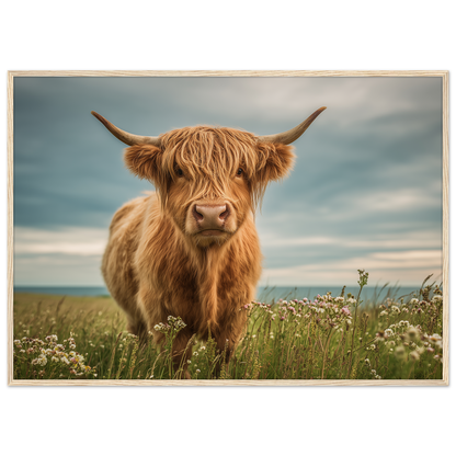 Highland cow on flowering machair, print in a natural light wood frame
