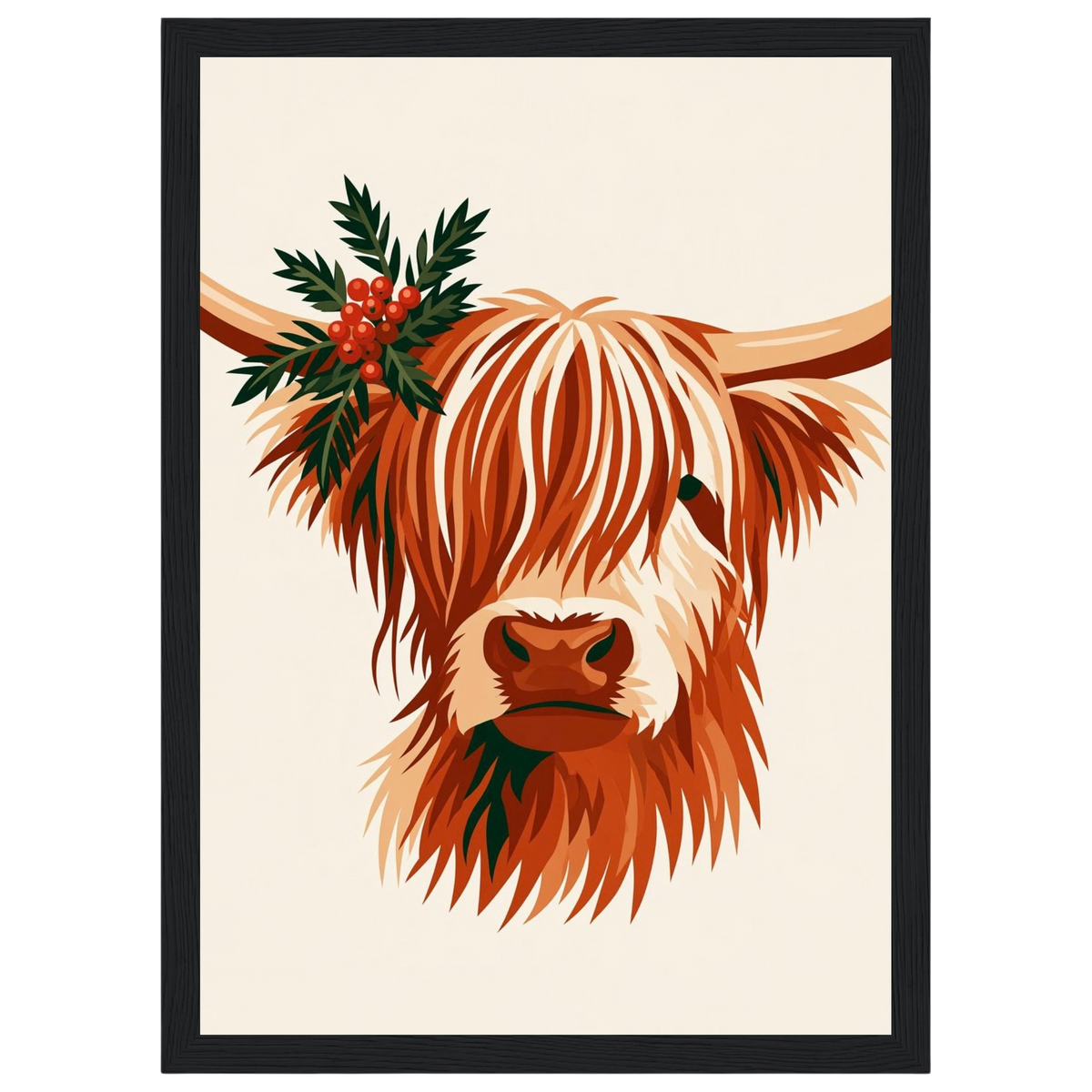 Highland cow with winter greenery, print in a black frame