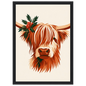 Highland cow with winter greenery, print in a black frame
