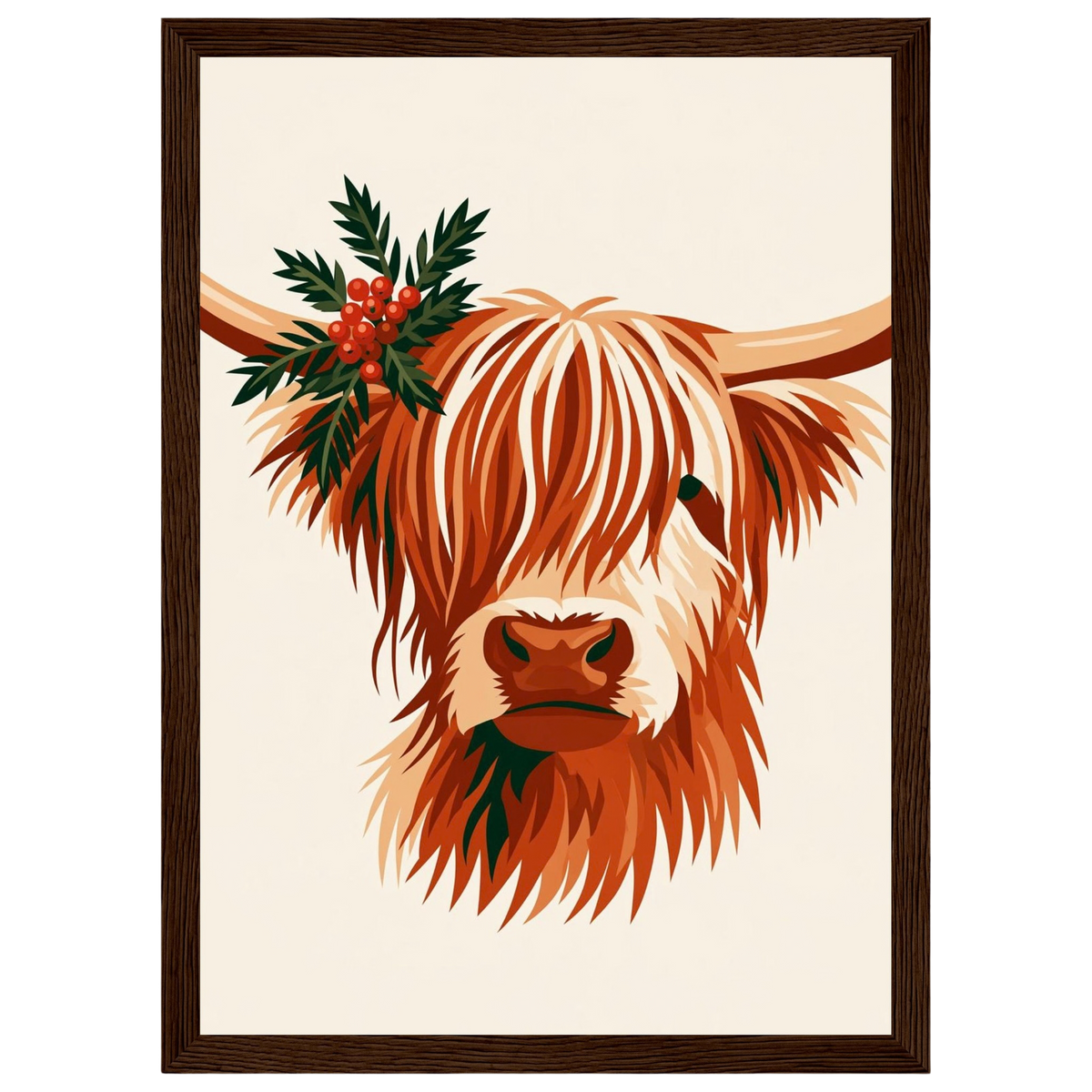 Highland cow with winter greenery, print in a dark wood frame