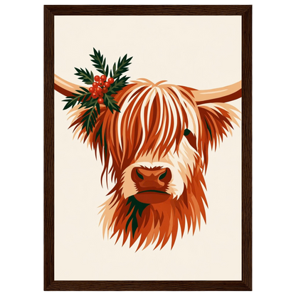 Highland cow with winter greenery, print in a dark wood frame
