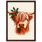 Highland cow with winter greenery, print in a dark wood frame