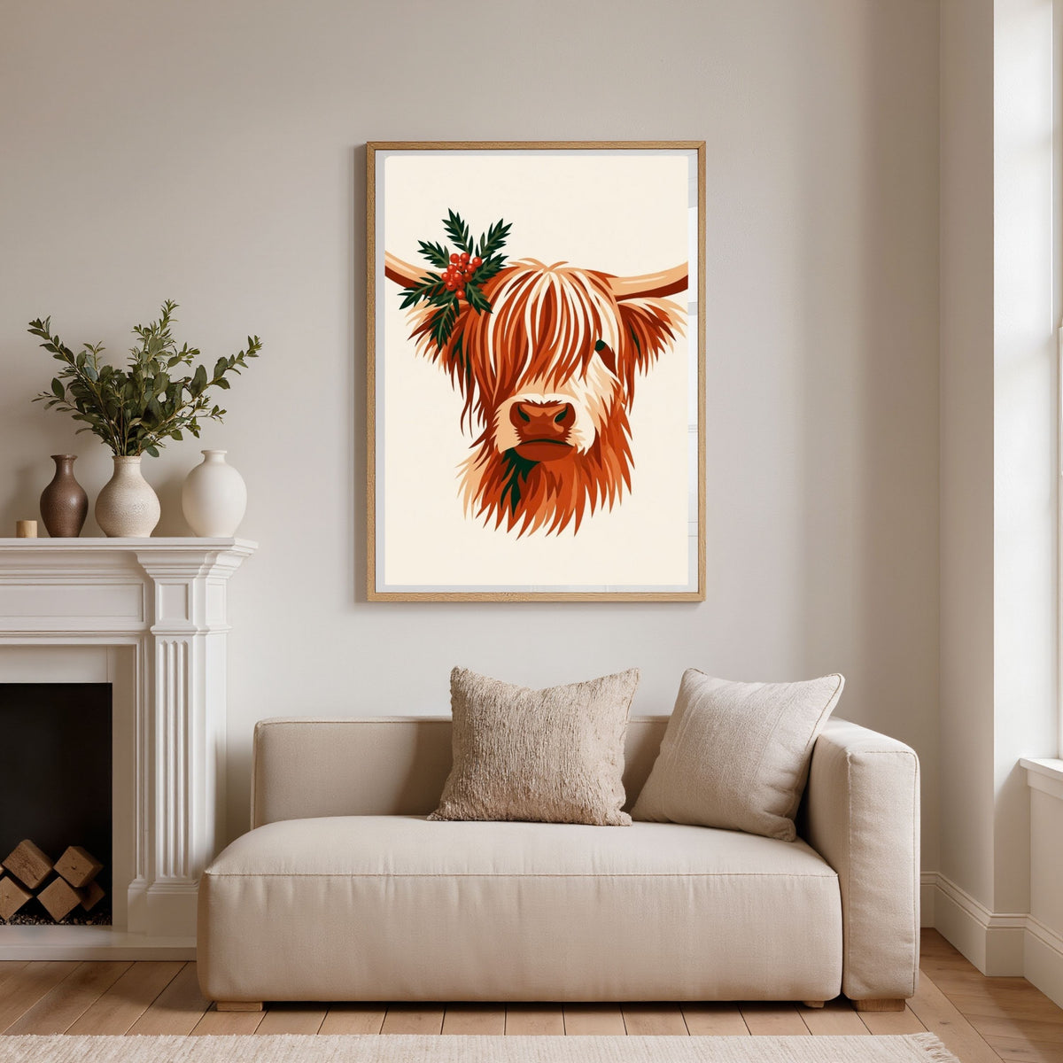 Highland cow with winter greenery, in a natural wood frame above a cream sofa beside a white fireplace in a bright living room