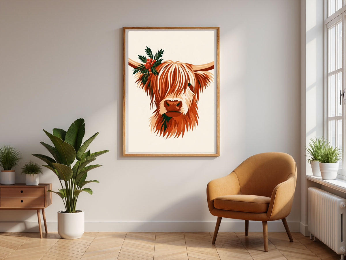 Highland cow with winter greenery, in a natural wood frame above a tan armchair in a sunlit reading corner with a herringbone floor