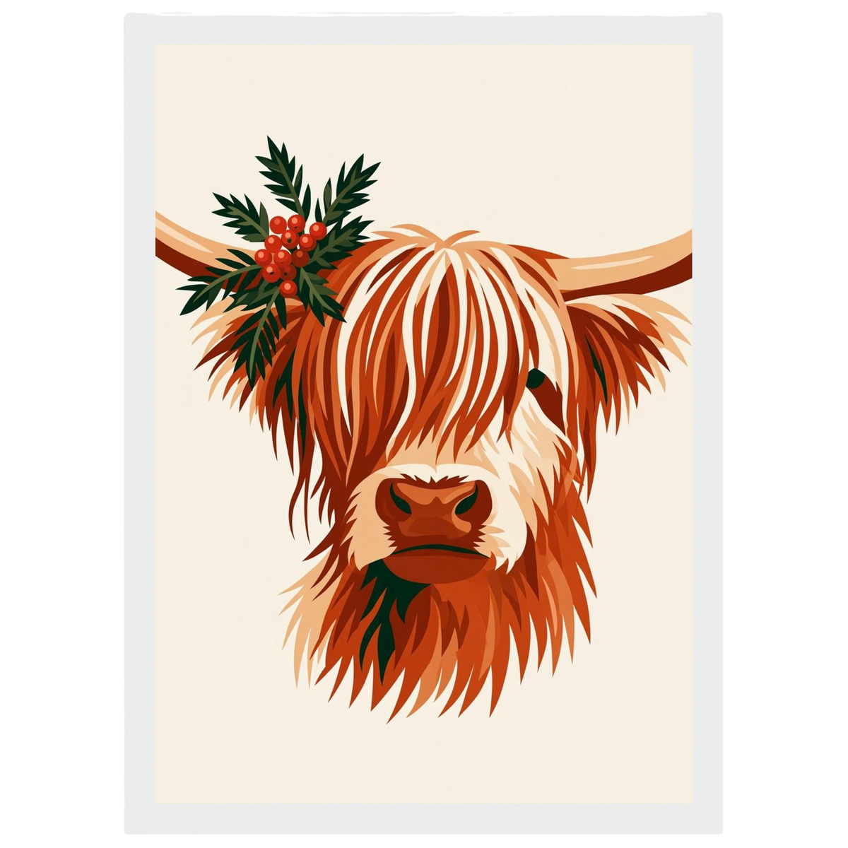 Highland cow with winter greenery, print in a white frame