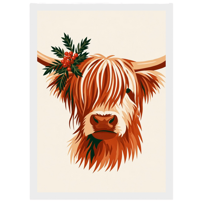 Highland cow with winter greenery, print in a white frame