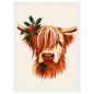Highland cow with winter greenery, print in a white frame