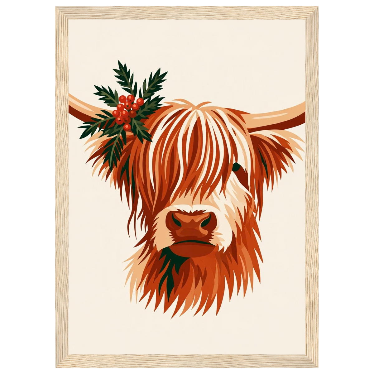Highland cow with winter greenery, print in a natural wood frame