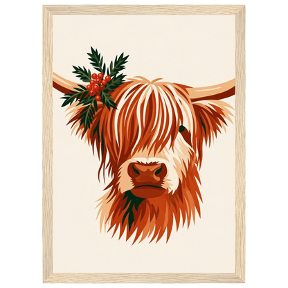 Highland cow with winter greenery, print in a natural wood frame