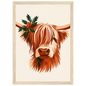 Highland cow with winter greenery, print in a natural wood frame