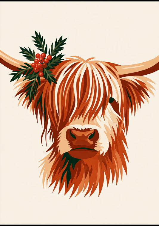 Highland cow with winter greenery, a shaggy coo in rust and cream with evergreen sprigs and red berries tucked behind one horn