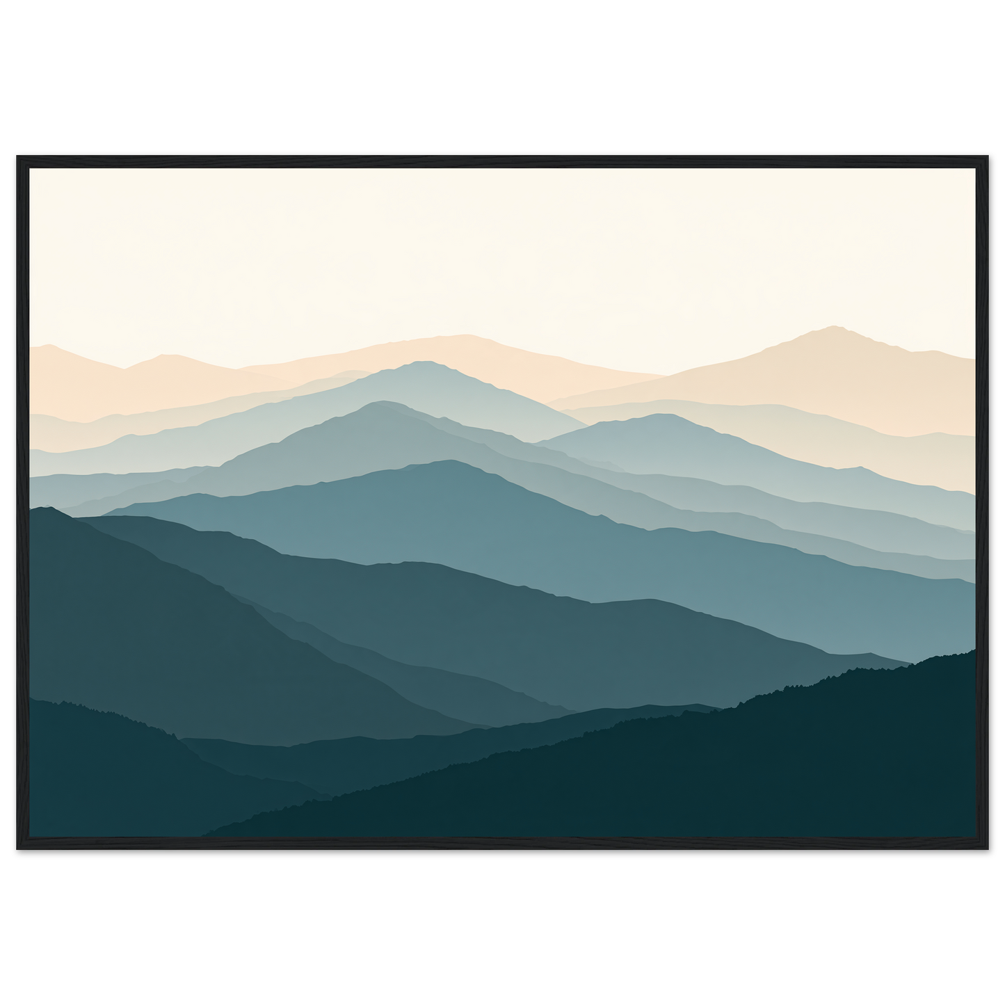 Highland ridgelines in layered flat bands, print in a black frame