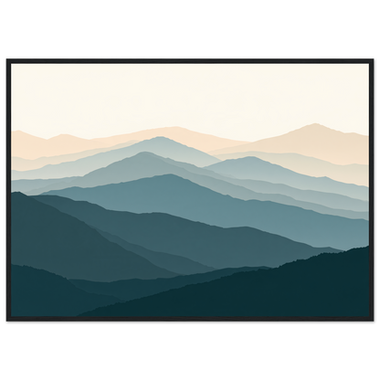 Highland ridgelines in layered flat bands, print in a black frame