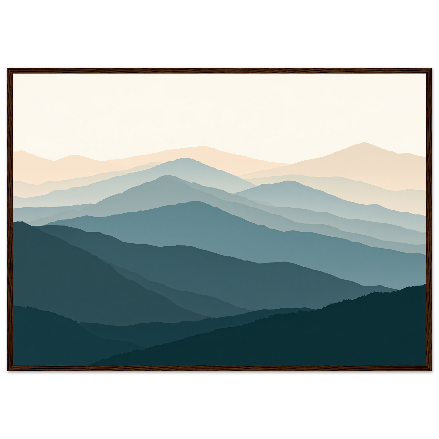 Highland ridgelines in layered flat bands, print in a dark wood frame