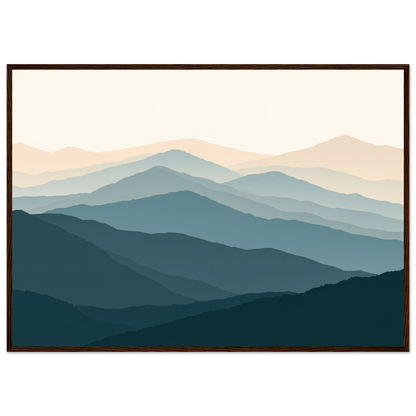 Highland ridgelines in layered flat bands, print in a dark wood frame