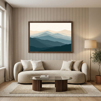 Highland ridgelines in layered flat bands, in a pale wood frame above a cream boucle sofa in a neutral living room