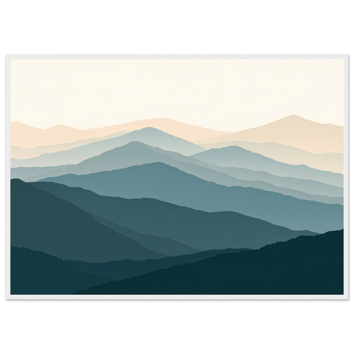 Highland ridgelines in layered flat bands, print in a white frame