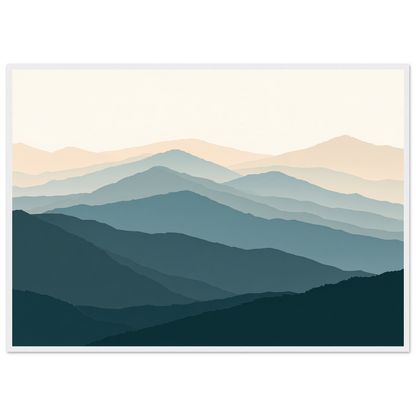 Highland ridgelines in layered flat bands, print in a white frame