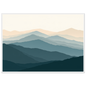 Highland ridgelines in layered flat bands, print in a white frame