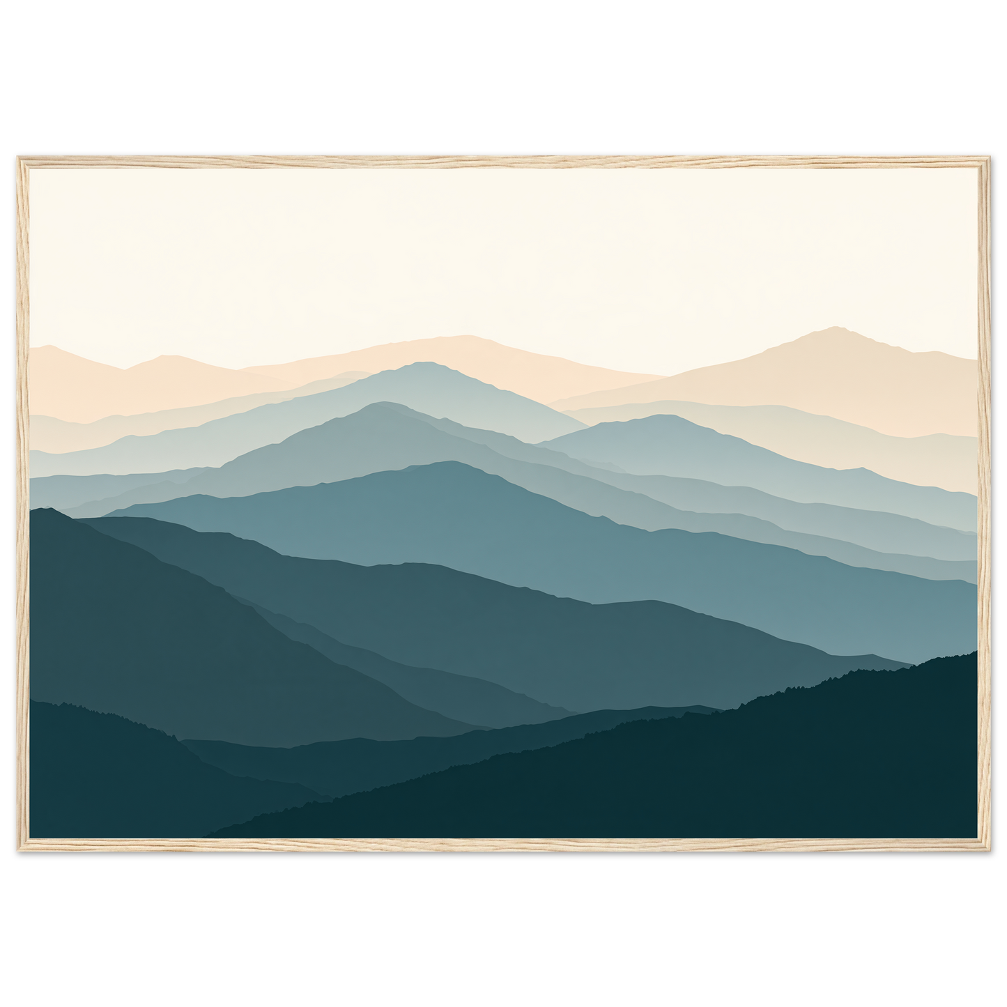 Highland ridgelines in layered flat bands, print in a natural wood frame