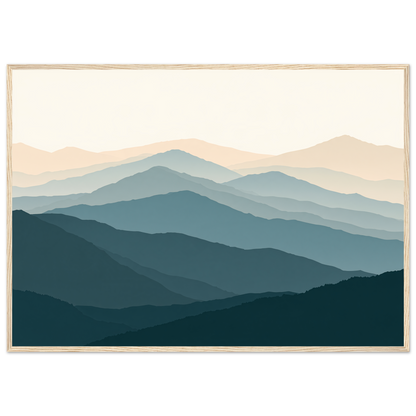Highland ridgelines in layered flat bands, print in a natural wood frame