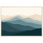 Highland ridgelines in layered flat bands, print in a natural wood frame