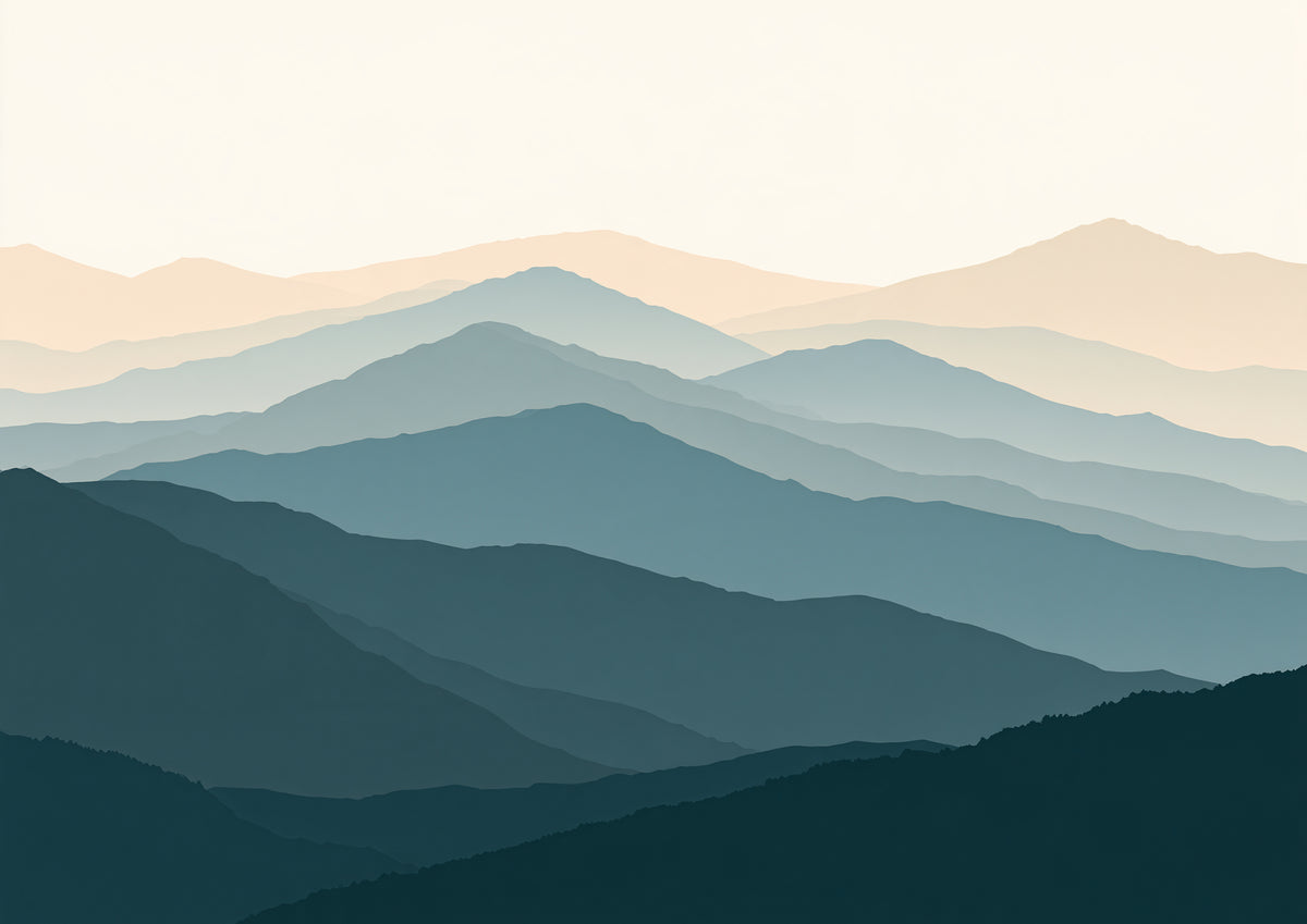 Layered Highland ridgelines reduced to flat overlapping bands of deep pine, slate teal and pale stone under a cream sky