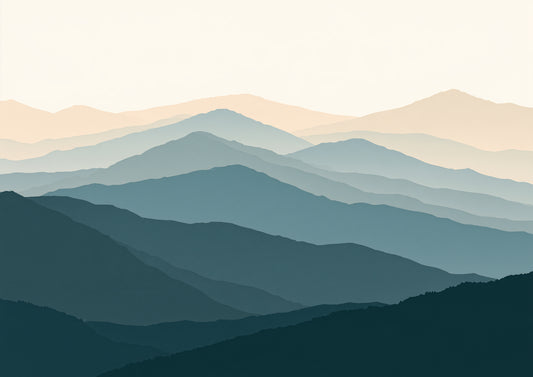 Layered Highland ridgelines reduced to flat overlapping bands of deep pine, slate teal and pale stone under a cream sky