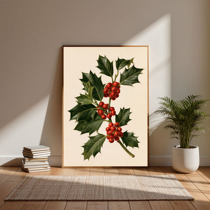 Holly sprig with red berries, in a light wood frame leaning against a plain wall beside a stack of books and a potted palm
