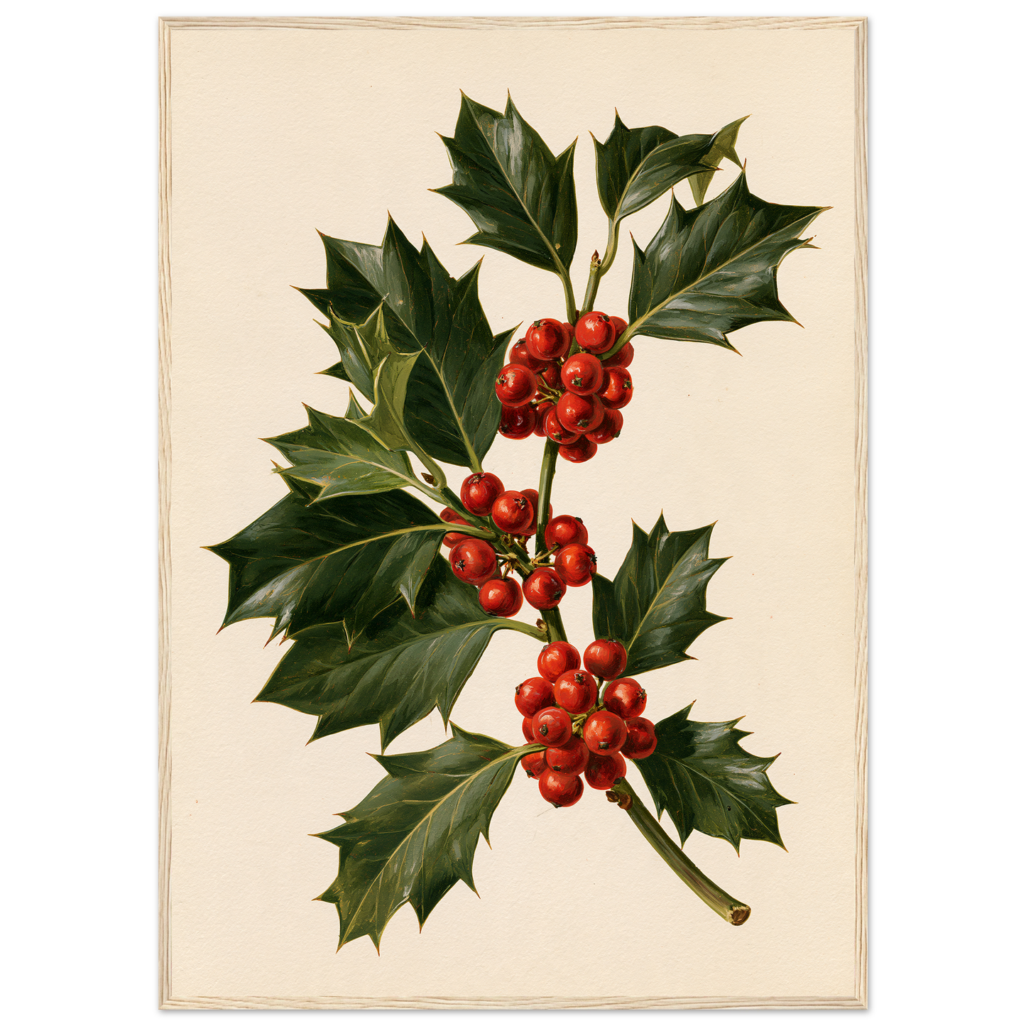 Holly sprig with red berries on a bone ground, print in a natural wood frame