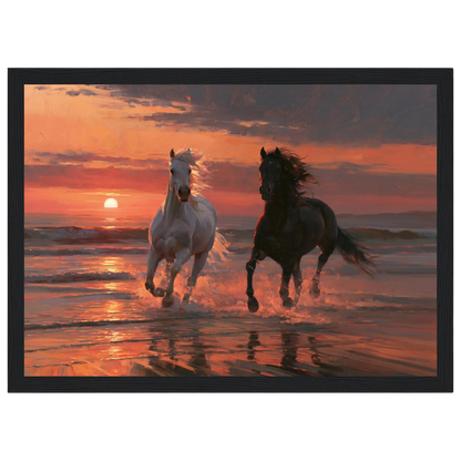 Horses in the sunset surf, print in a black frame