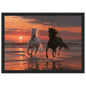 Horses in the sunset surf, print in a black frame