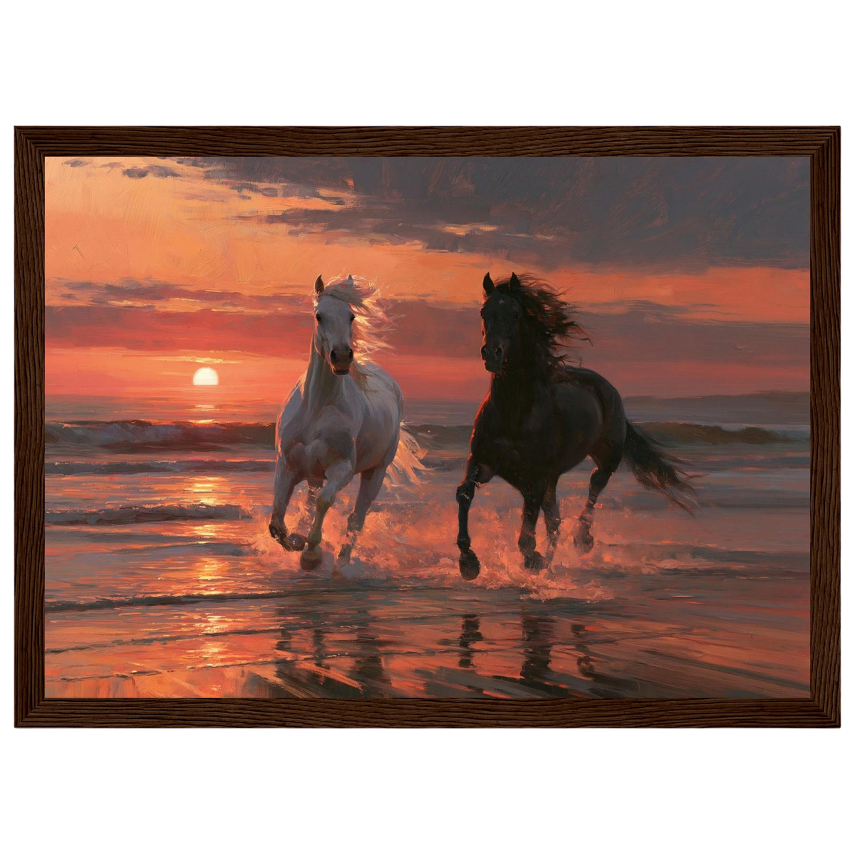 Horses in the sunset surf, print in a dark wood frame