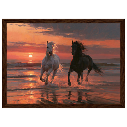 Horses in the sunset surf, print in a dark wood frame