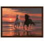 Horses in the sunset surf, print in a dark wood frame
