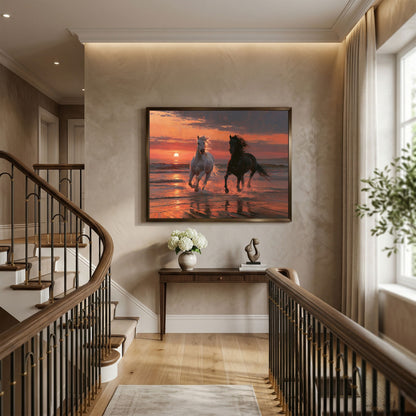 Horses in the sunset surf, in a dark frame above a console table on a staircase landing in a traditional hallway
