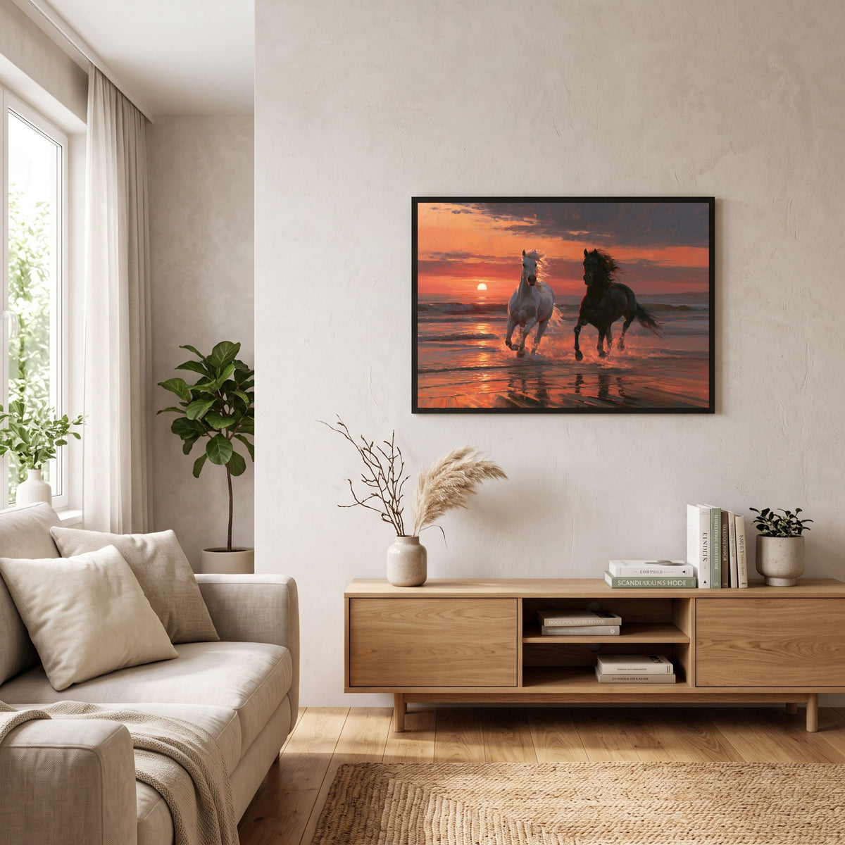 Horses in the sunset surf, in a black frame on a pale plaster wall above an oak sideboard beside a linen sofa in a living room