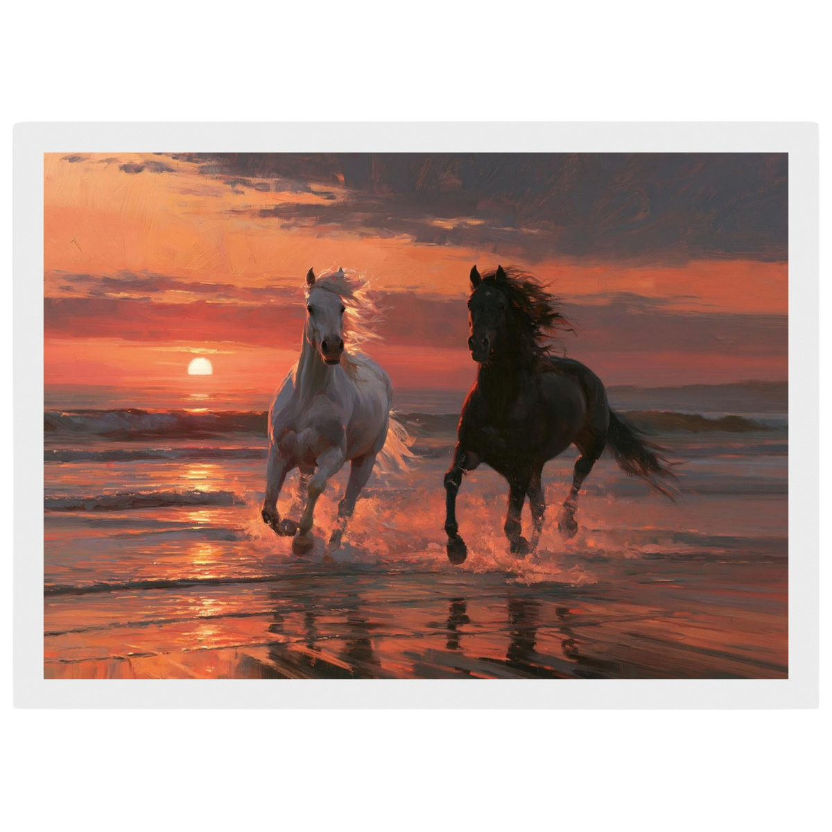Horses in the sunset surf, print in a white frame