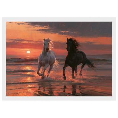 Horses in the sunset surf, print in a white frame