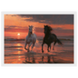 Horses in the sunset surf, print in a white frame