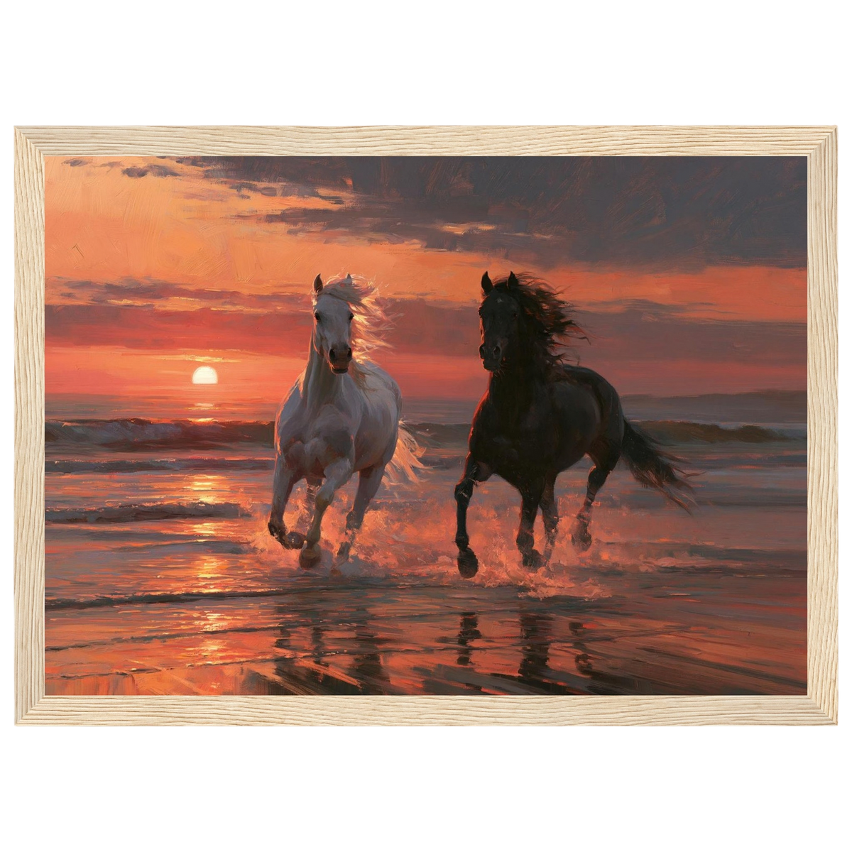 Horses in the sunset surf, print in a natural wood frame