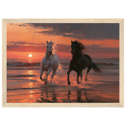 Horses in the sunset surf, print in a natural wood frame