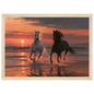 Horses in the sunset surf, print in a natural wood frame