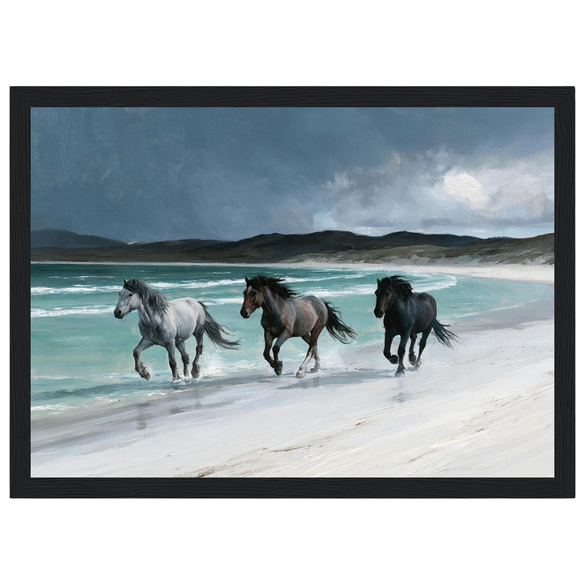 Horses on a Hebridean beach, print in a black frame