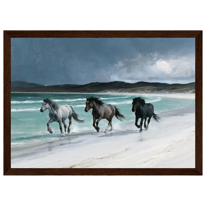 Horses on a Hebridean beach, print in a dark wood frame