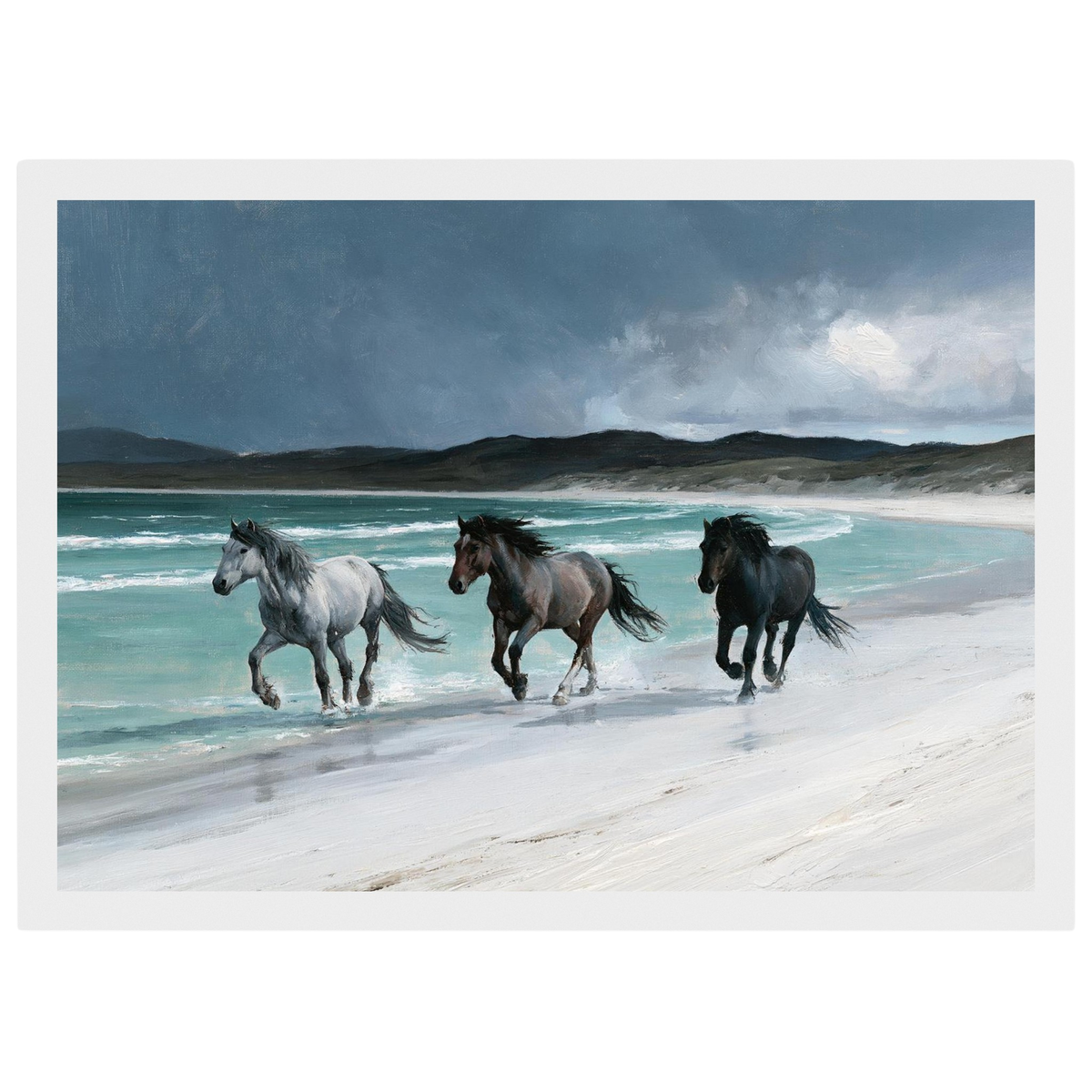 Horses on a Hebridean beach, print in a white frame