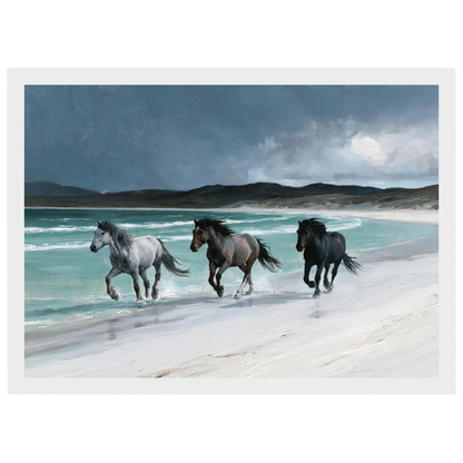Horses on a Hebridean beach, print in a white frame